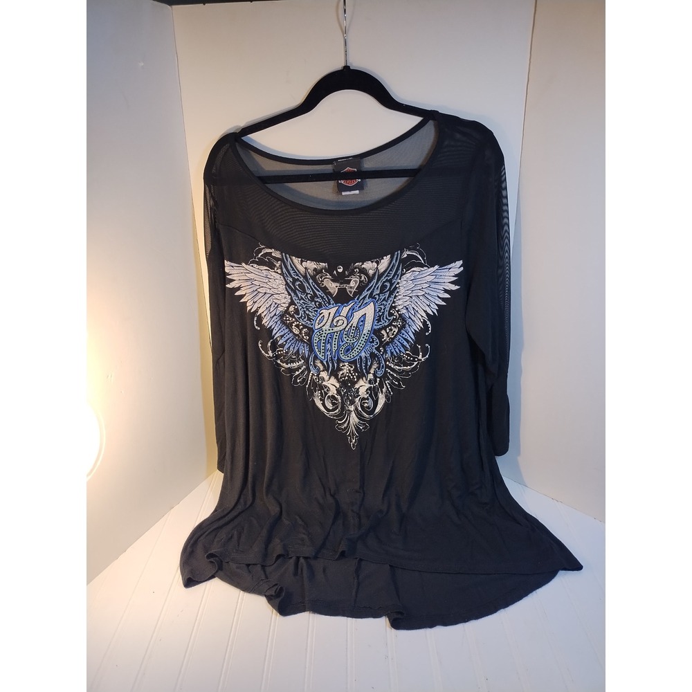 Harley Davidson Womens 1XL Black Mesh Winged Graphic Rhinestone Tunic Top Biker